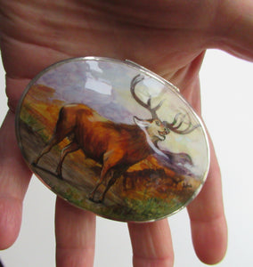 Vintage Solid Silver Box with Unique Enamels Painting of Stag in Scottish Highlands