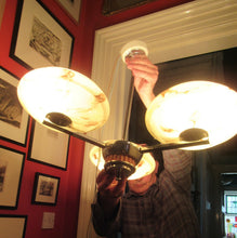 Load image into Gallery viewer, Vintage 1930s Art Deco Pendant Light Fitting. Chrome, Bakelite and Three Glass Shades
