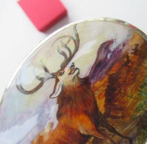 Vintage Solid Silver Box with Unique Enamels Painting of Stag in Scottish Highlands