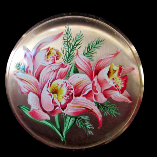 1950s Melissa Powder Compact with Pink Lilies Flowers