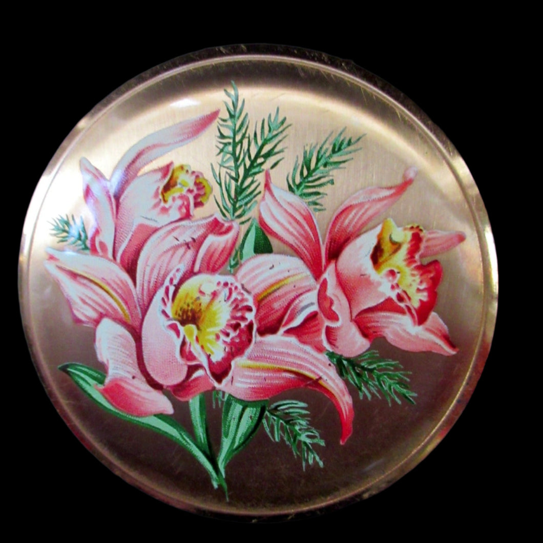 1950s Melissa Powder Compact with Pink Lilies Flowers