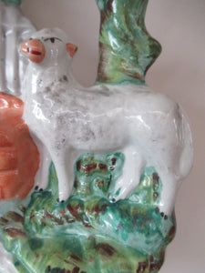 Antique Victorian Flatback Staffordshire Pottery Spill Vase. Three Sheep at a Well 