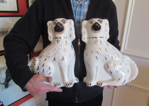 Antique Staffordshire Chimney Spaniels Wally Dogs 12 inches Glass Eyes