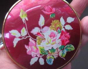 1950s Powder Compact Red Enamel Lid & Roses Design