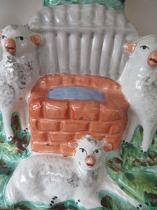 Antique Victorian Flatback Staffordshire Pottery Spill Vase. Three Sheep at a Well 