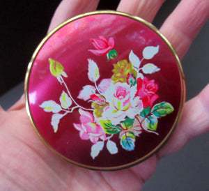 1950s Powder Compact Red Enamel Lid & Roses Design