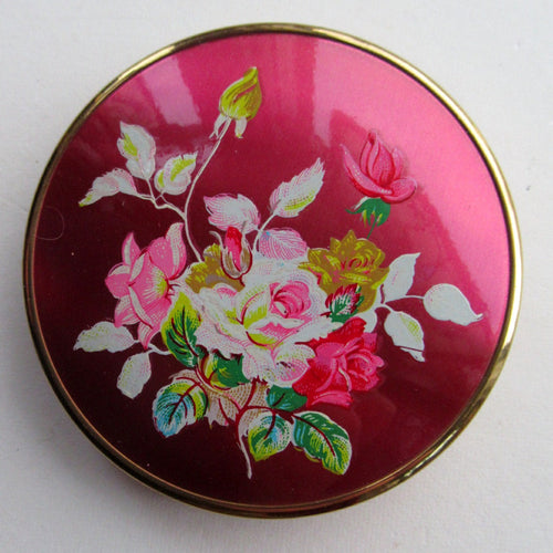 1950s Powder Compact Red Enamel Lid & Roses Design