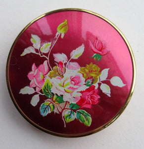 1950s Powder Compact Red Enamel Lid & Roses Design