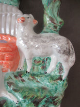 Load image into Gallery viewer, Antique Victorian Flatback Staffordshire Pottery Spill Vase. Three Sheep at a Well 
