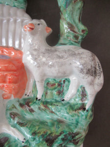Antique Victorian Flatback Staffordshire Pottery Spill Vase. Three Sheep at a Well 