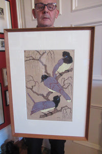 1920s Art Deco Woodcut by Martin Erich Philipp. Three Pied Crows. Pencil Signed