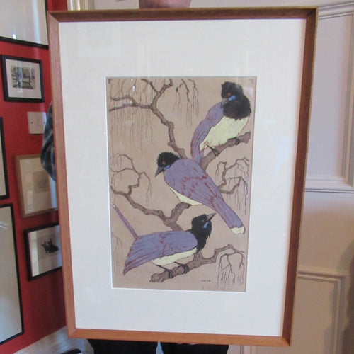 1920s Art Deco Woodcut by Martin Erich Philipp. Three Pied Crows. Pencil Signed