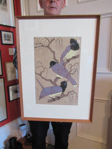 1920s Art Deco Woodcut by Martin Erich Philipp. Three Pied Crows. Pencil Signed