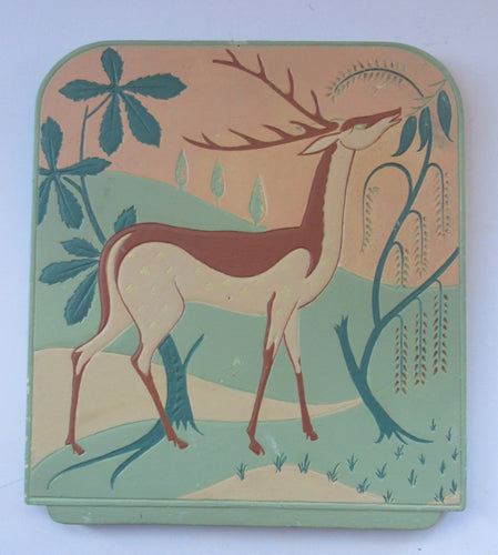 ORIGINAL 1930s Art Deco Plaster Wall Plaque. Hand Painted Image of a Reindeer