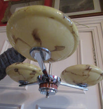 Load image into Gallery viewer, Vintage 1930s Art Deco Pendant Light Fitting. Chrome, Bakelite and Three Glass Shades
