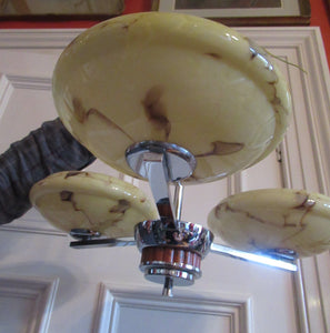 Vintage 1930s Art Deco Pendant Light Fitting. Chrome, Bakelite and Three Glass Shades