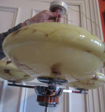 Load image into Gallery viewer, Vintage 1930s Art Deco Pendant Light Fitting. Chrome, Bakelite and Three Glass Shades
