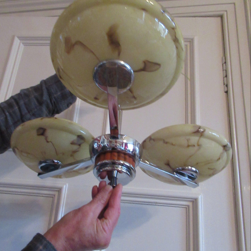 Vintage 1930s Art Deco Pendant Light Fitting. Chrome, Bakelite and Three Glass Shades