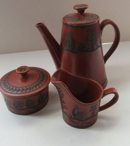Scottie Wilson Part Coffee Set Royal Worcester. Coffee Pot, Sugar Bowl, Milk Jug 1960s