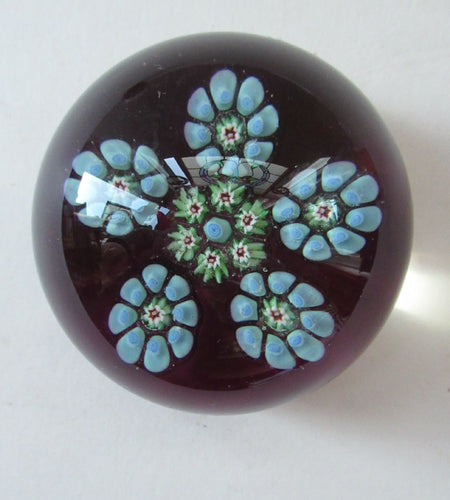 1970s Perthshire Paperweight Millefiori Star Shaped Clusters Purple Ground PP10