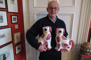 LARGE Antique Pair of Staffordshire Dogs Chimney Spaniels / Wally Dugs; 12 1/4 inches