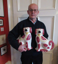 Load image into Gallery viewer, LARGE Antique Pair of Staffordshire Dogs Chimney Spaniels / Wally Dugs; 12 1/4 inches
