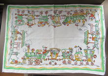 Load image into Gallery viewer, 1960s Irish Linen Tea Towel or Bar Cloth Vintage Train Travel Cartoons
