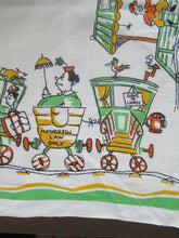 Load image into Gallery viewer, 1960s Irish Linen Tea Towel or Bar Cloth Vintage Train Travel Cartoons
