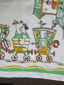 1960s Irish Linen Tea Towel or Bar Cloth Vintage Train Travel Cartoons