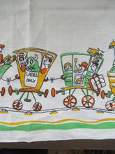 Load image into Gallery viewer, 1960s Irish Linen Tea Towel or Bar Cloth Vintage Train Travel Cartoons
