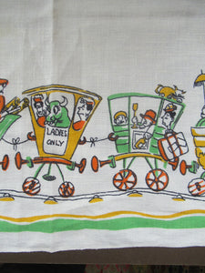 1960s Irish Linen Tea Towel or Bar Cloth Vintage Train Travel Cartoons