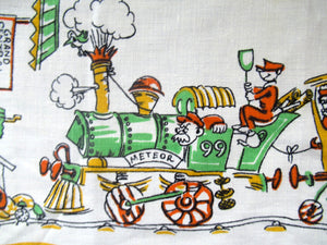 1960s Irish Linen Tea Towel or Bar Cloth Vintage Train Travel Cartoons