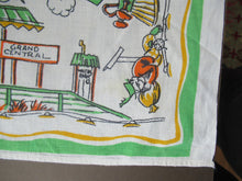 Load image into Gallery viewer, 1960s Irish Linen Tea Towel or Bar Cloth Vintage Train Travel Cartoons
