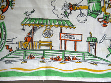 Load image into Gallery viewer, 1960s Irish Linen Tea Towel or Bar Cloth Vintage Train Travel Cartoons
