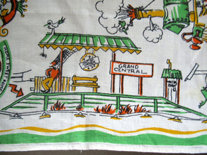 1960s Irish Linen Tea Towel or Bar Cloth Vintage Train Travel Cartoons