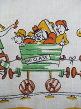 Load image into Gallery viewer, 1960s Irish Linen Tea Towel or Bar Cloth Vintage Train Travel Cartoons
