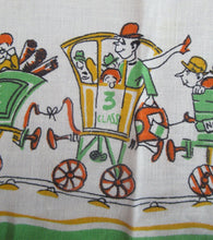 Load image into Gallery viewer, 1960s Irish Linen Tea Towel or Bar Cloth Vintage Train Travel Cartoons
