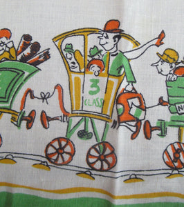 1960s Irish Linen Tea Towel or Bar Cloth Vintage Train Travel Cartoons