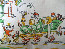 Load image into Gallery viewer, 1960s Irish Linen Tea Towel or Bar Cloth Vintage Train Travel Cartoons
