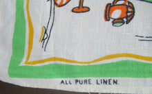 Load image into Gallery viewer, 1960s Irish Linen Tea Towel or Bar Cloth Vintage Train Travel Cartoons
