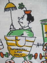 Load image into Gallery viewer, 1960s Irish Linen Tea Towel or Bar Cloth Vintage Train Travel Cartoons
