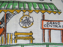 Load image into Gallery viewer, 1960s Irish Linen Tea Towel or Bar Cloth Vintage Train Travel Cartoons
