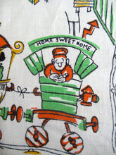 Load image into Gallery viewer, 1960s Irish Linen Tea Towel or Bar Cloth Vintage Train Travel Cartoons
