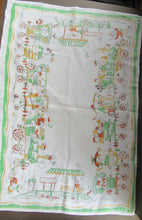 Load image into Gallery viewer, 1960s Irish Linen Tea Towel or Bar Cloth Vintage Train Travel Cartoons
