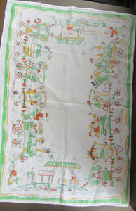 1960s Irish Linen Tea Towel or Bar Cloth Vintage Train Travel Cartoons