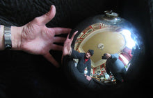 Load image into Gallery viewer, Occult Interest. LARGE ANTIQUE Mercury Glass Witches Ball. Silver Tone with Hanging Ring: 9 1/2 inches
