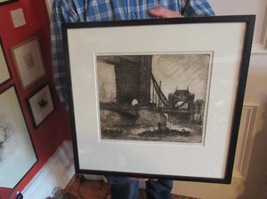 Original Etching from the Tower Bridge Looking to the South Bank, London by Wyllie