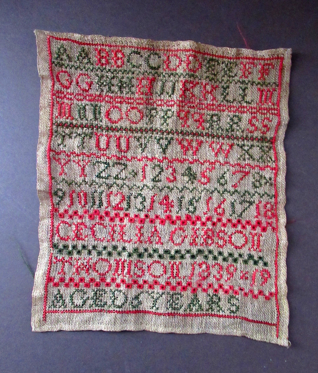 ANTIQUE TEXTILE. 1839 Early Victorian Sampler by Cecilia Gibson Thomson