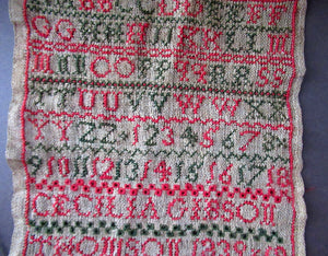 ANTIQUE TEXTILE. 1839 Early Victorian Sampler by Cecilia Gibson Thomson