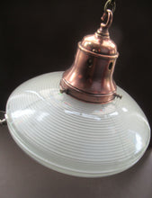 Load image into Gallery viewer, GENUINE Antique Glass HOLOPHANE Pendant Light with Two Section Shade &amp; with Brass Holder, Ceiling Rose and Original Chain
